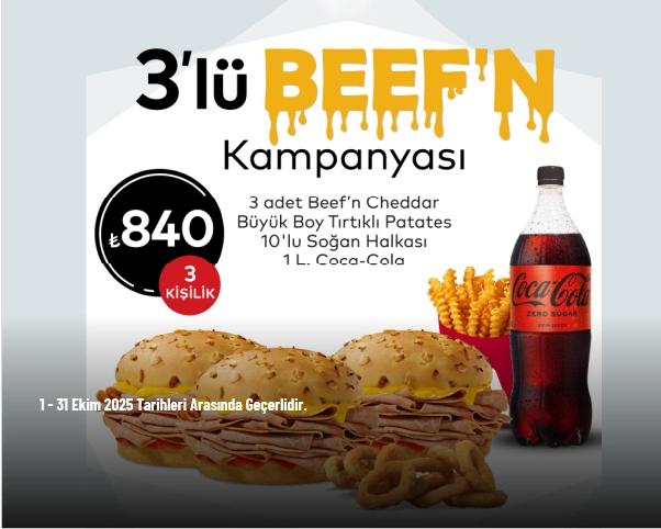 Arby's Kampanyası - 3 Adet Beef’n Cheddar + Tırtıklı Patates (Büyük) + 10’lu Soğan Halkası + 1 L. Coca-Cola Sadece 840 TL'den Başlayan Fiyatlarla