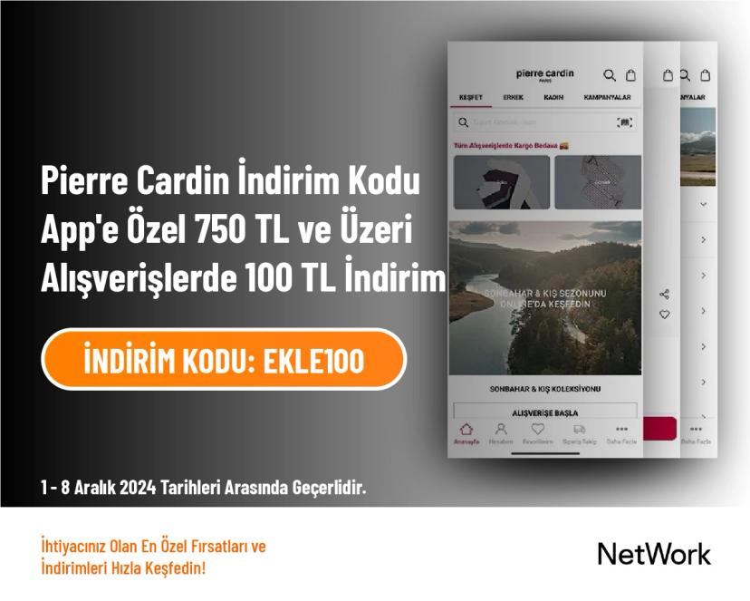 Pierre Cardin İndirim Kodu - App'e Özel 750 TL ve Üzeri Alışverişlerde 100 TL İndirim