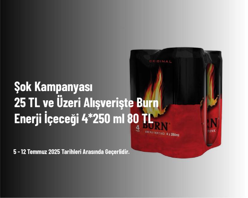 Şok Kampanyası - 25 TL ve Üzeri Alışverişte Burn Enerji İçeceği 4*250 ml 80 TL