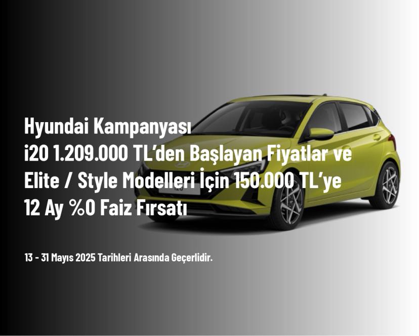 Hyundai Kampanyası - i20 1.209.000 TL’den Başlayan Fiyatlar ve Elite / Style Modelleri İçin 150.000 TL’ye 12 Ay %0 Faiz Fırsatı