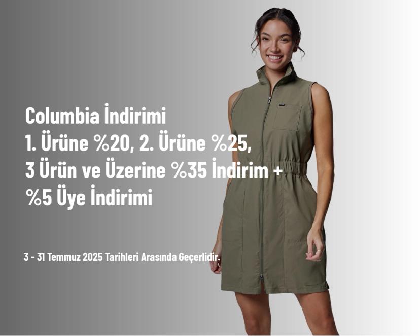Columbia İndirimi - 1. Ürüne %20, 2. Ürüne %25, 3 Ürün ve Üzerine %35 İndirim + %5 Üye İndirimi