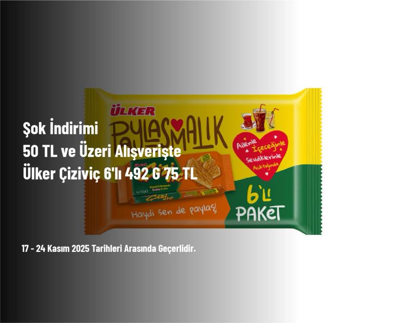 Şok İndirimi - 50 TL ve Üzeri Alışverişte Ülker Çiziviç 6'lı 492 G 75 TL