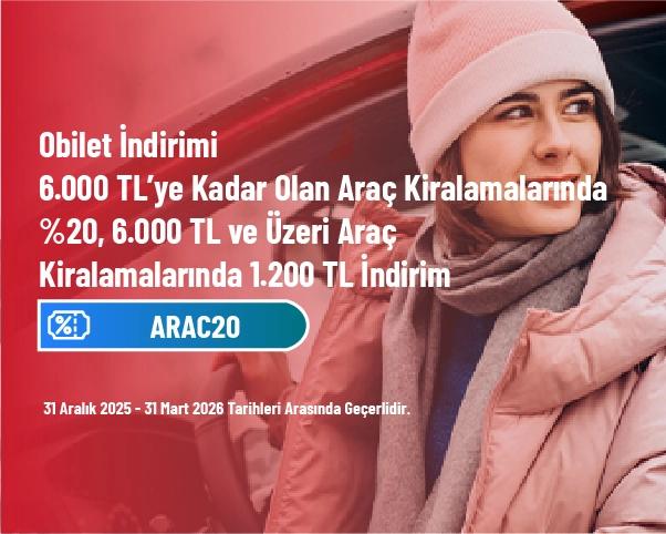 Obilet İndirimi - 6.000 TL’ye Kadar Olan Araç Kiralamalarında %20, 6.000 TL ve Üzeri Araç Kiralamalarında 1.200 TL İndirim