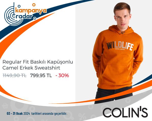 Colins Regular Fit Baskılı Kapüşonlu Camel Erkek Sweatshirt