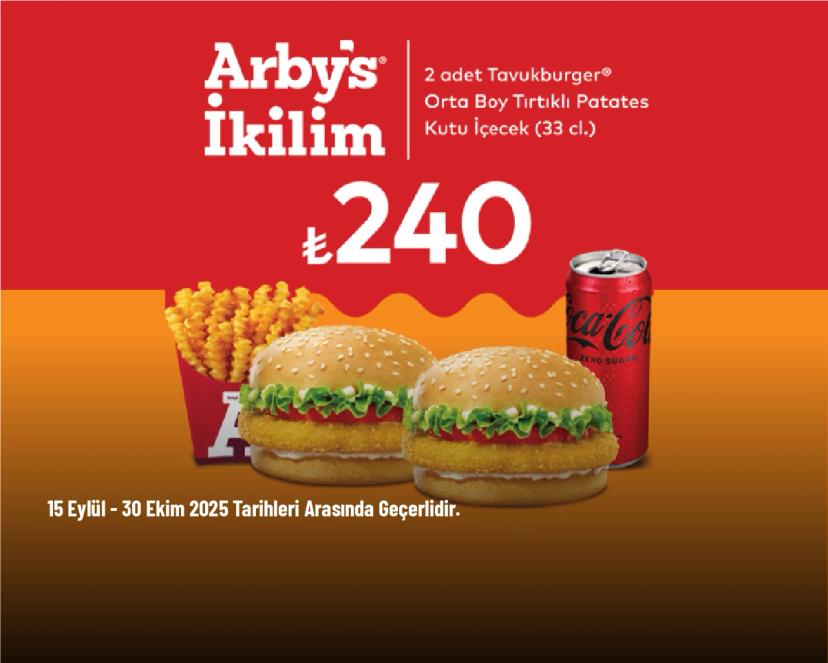 Arby’s Kampanyası - 2 Adet Tavukburger + Tırtıklı Patates (Orta) + Kutu Coca-Cola Sadece 240 TL