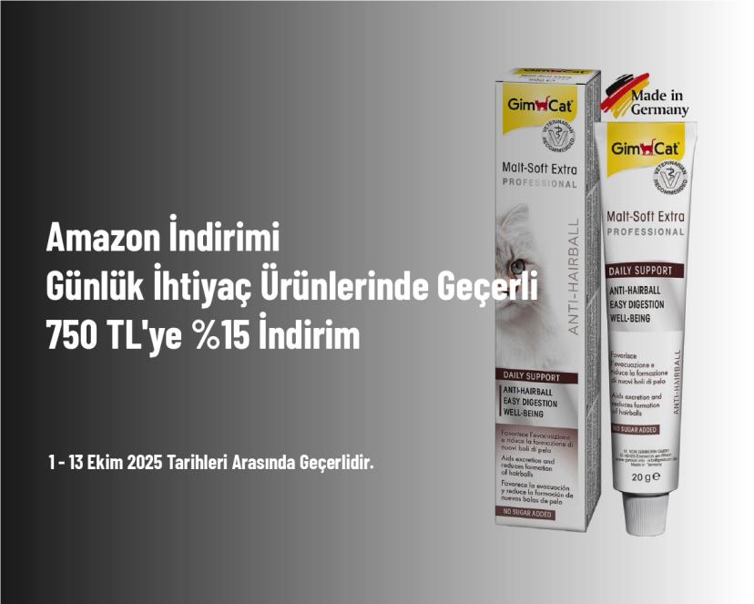 Amazon İndirimi - Günlük İhtiyaç Ürünlerinde Geçerli 750 TL'ye %15 İndirim