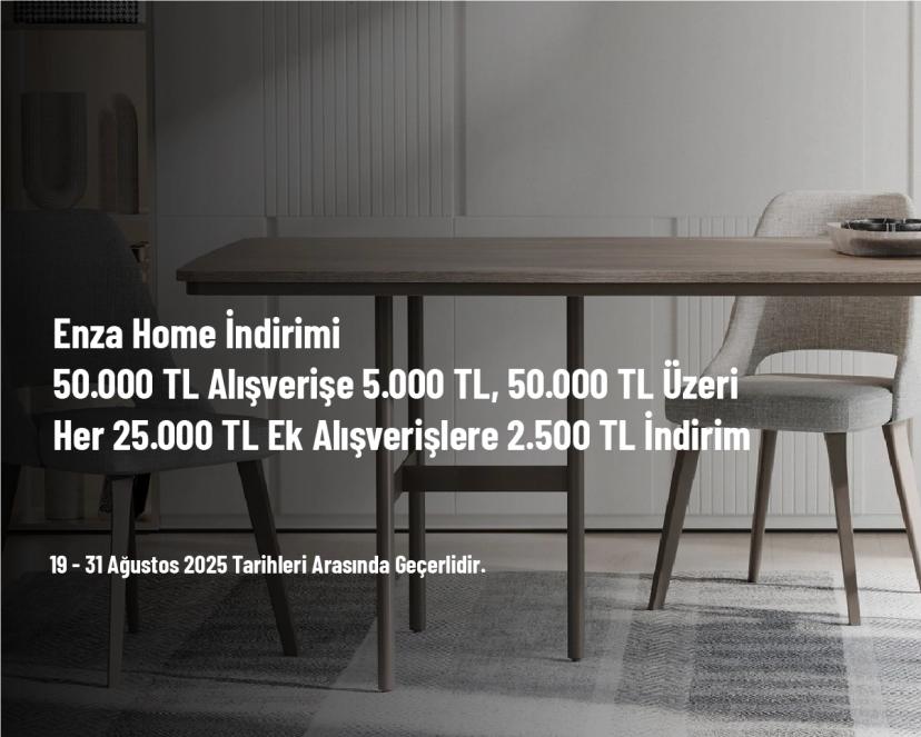 Enza Home İndirimi - 50.000 TL Alışverişe 5.000 TL, 50.000 TL Üzeri Her 25.000 TL Ek Alışverişlere 2.500 TL İndirim