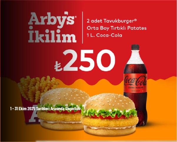 Arby's Kampanyası - 2 Adet Tavukburger + Tırtıklı Patates (Orta) + Kutu Coca-Cola Sadece 250 TL