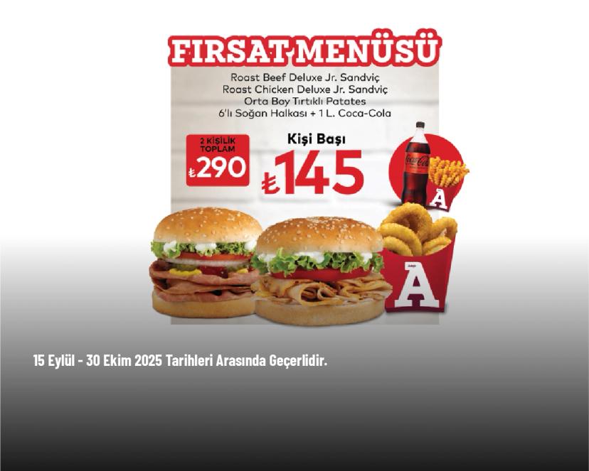 Arby’s Kampanyası - Arby's Fırsat Menüsü Kişi Başı 145 TL'den Başlayan Fiyatlarla