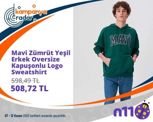 Mavi Zümrüt Yeşil Erkek Oversize Kapuşonlu Logo Sweatshirt