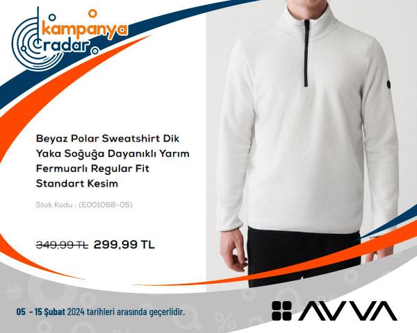 Avva Beyaz Polar Sweatshirt Dik Yaka Soğuğa Dayanıklı Yarım Fermuarlı