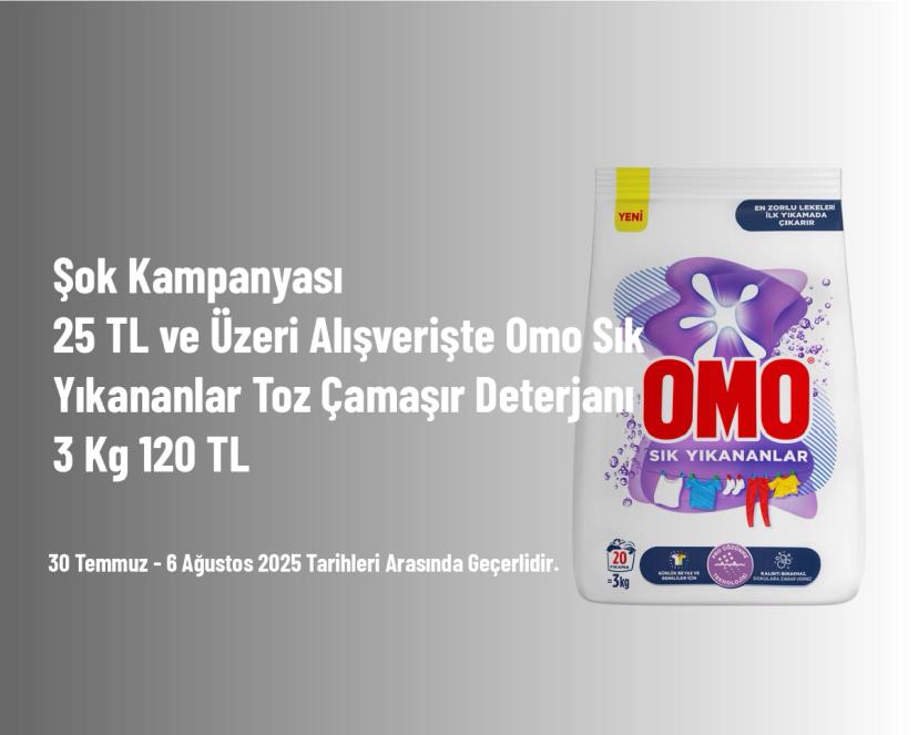 Şok Kampanyası - 25 TL ve Üzeri Alışverişte Omo Sık Yıkananlar Toz Çamaşır Deterjanı 3 Kg 120 TL
