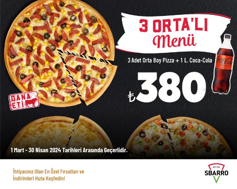 3 Orta Boy Pizza + Litre İçecek 380 TL’den Başlayan Fiyatlarla