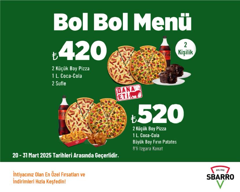 Sbarro Kampanyası - 2 Kişilik Bol Bol Menü 420 TL'den Başlayan Fiyatlarla
