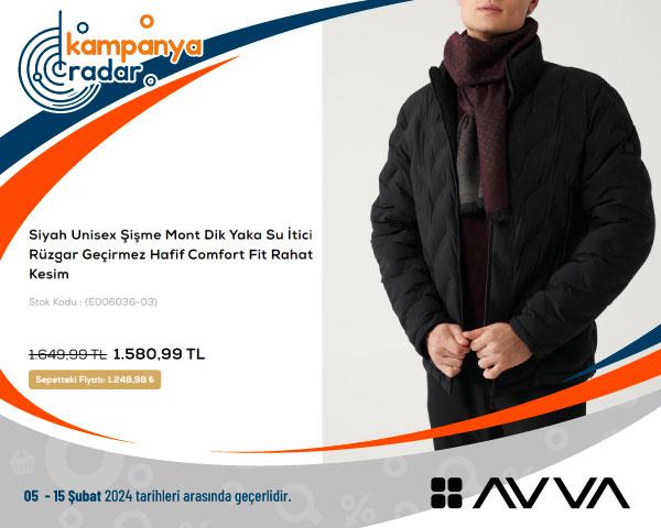 Avva Siyah Unisex Şişme Mont Dik Yaka Su İtici Rüzgar Geçirmez Hafif Comfort Fit Rahat Kesim