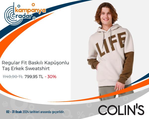 Colins Regular Fit Baskılı Kapüşonlu Taş Erkek Sweatshirt