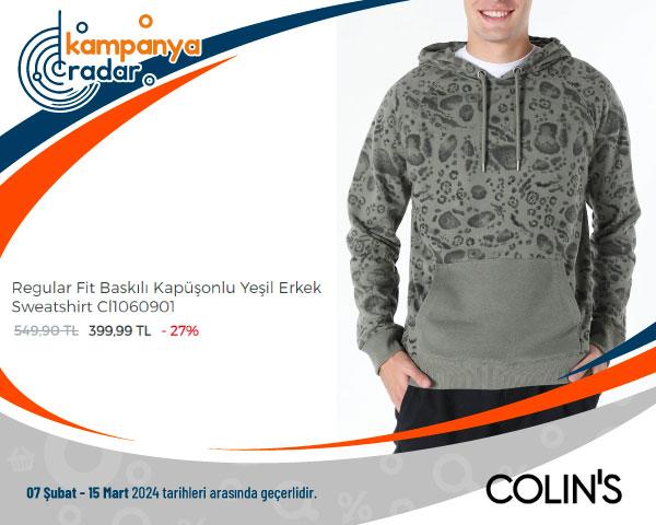Colin's Regular Fit Baskılı Kapüşonlu Yeşil Erkek Sweatshirt