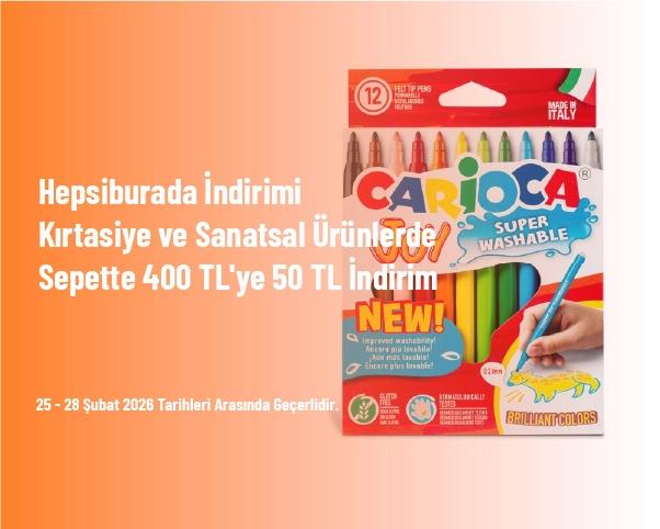 Hepsiburada İndirimi - Kırtasiye ve Sanatsal Ürünlerde Sepette 400 TL'ye 50 TL İndirim