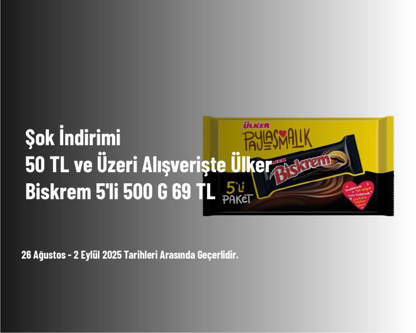 Şok İndirimi - 50 TL ve Üzeri Alışverişte Ülker Biskrem 5'li 500 G 69 TL