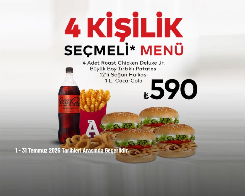 Arby's Kampanyası - 4 Kişilik Seçmeli Menü 530 TL'den Başlayan Fiyatlarla