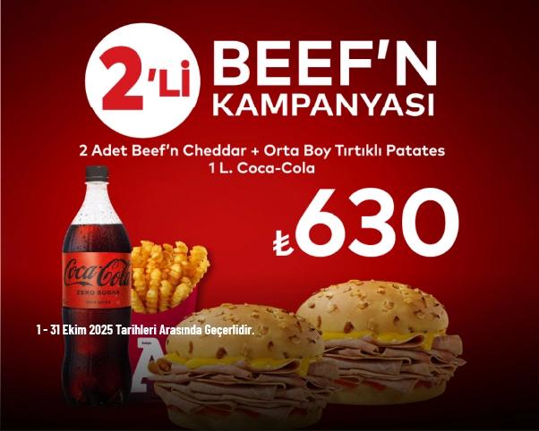 Arby's Kampanyası - 2 Adet Beef’n Cheddar + Tırtıklı Patates (Orta) + 1 L. İçecek Sadece 630 TL'den Başlayan Fiyatlarla