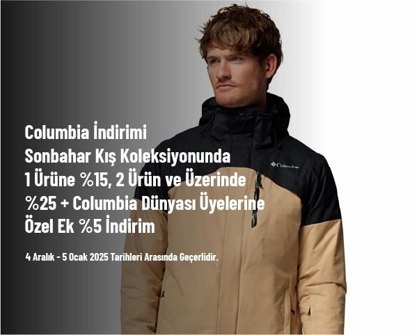 Columbia İndirimi - Sonbahar Kış Koleksiyonunda 1 Ürüne %15, 2 Ürün ve Üzerinde %25 + Columbia Dünyası Üyelerine Özel Ek %5 İndirim
