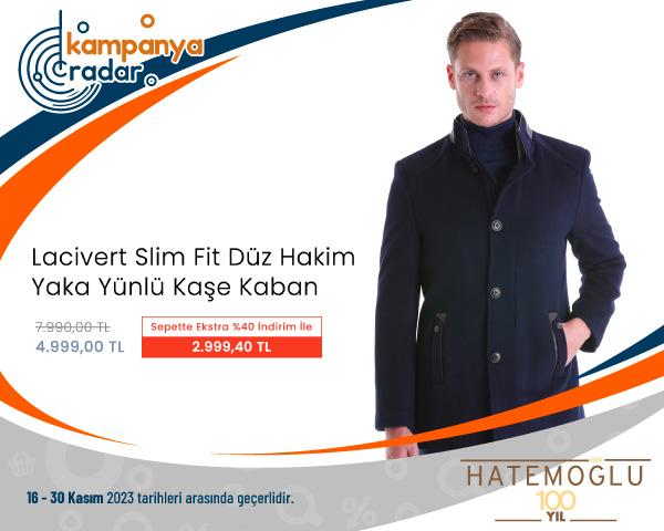 Hatemoglu Lacivert Slim Fit Düz Hakim Yaka Yünlü Kaşe Kaban İndirimi