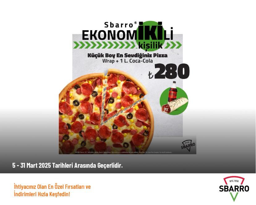Sbarro İndirimi - 2 Kişilik Ekonomik Menü 280 TL'den Başlayan Fiyatlarla