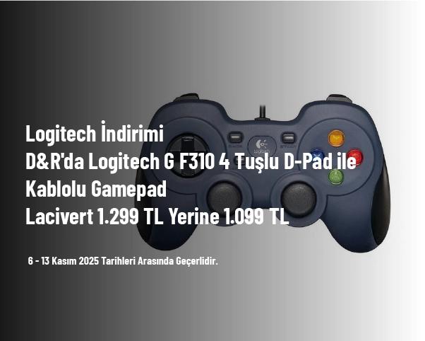 Logitech İndirimi - D&R'da Logitech G F310 4 Tuşlu D-Pad ile Kablolu Gamepad - Lacivert 1.299 TL Yerine 1.099 TL