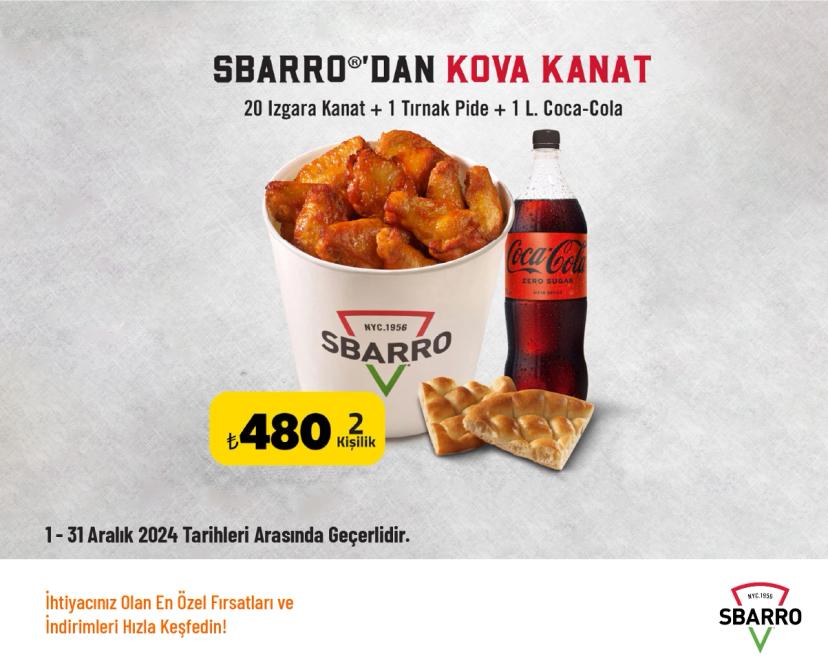 Sbarro Kampanyası - 2 Kişilik 20'li Kanat Kova Menü 480 TL'den Başlayan Fiyatlarla