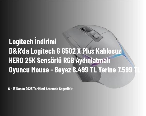 Logitech İndirimi - D&R'da Logitech G G502 X Plus Kablosuz HERO 25K Sensörlü RGB Aydınlatmalı Oyuncu Mouse - Beyaz 8.499 TL Yerine 7.599 TL